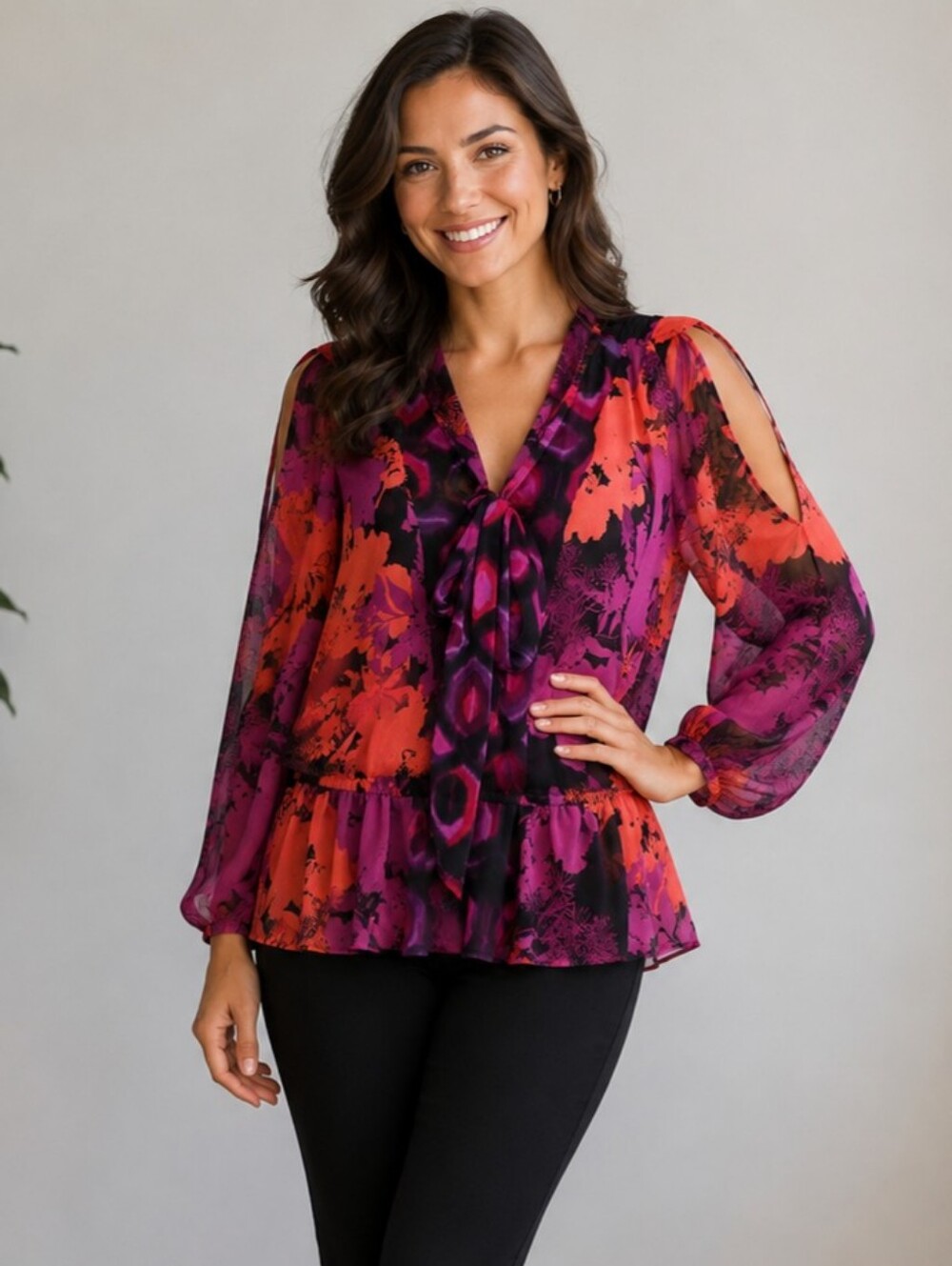 Figueroa & Flower Cold-Shoulder Floral Tie-Neck Peplum Blouse Top Size S